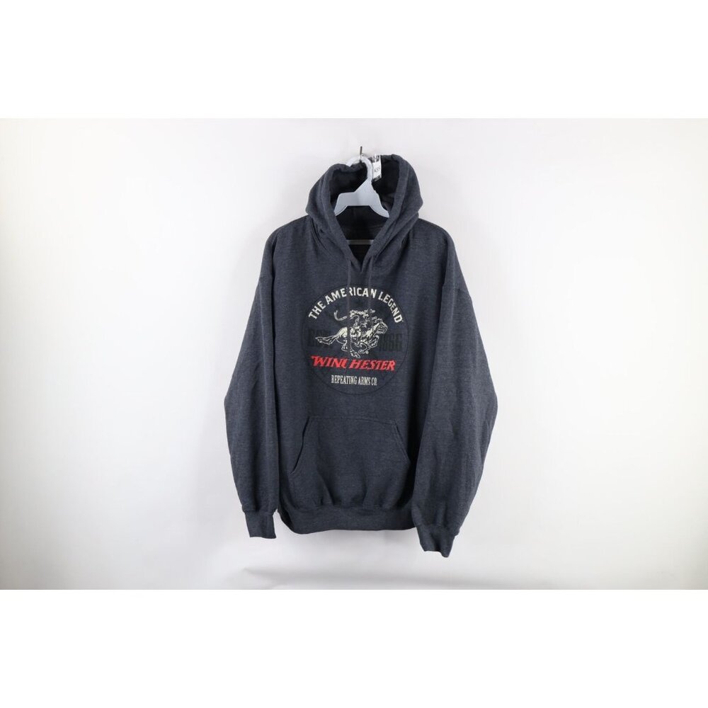 Vtg Winchester Mens Medium Faded Spell Out Guns Hoodie Sweatshirt Heather Gray